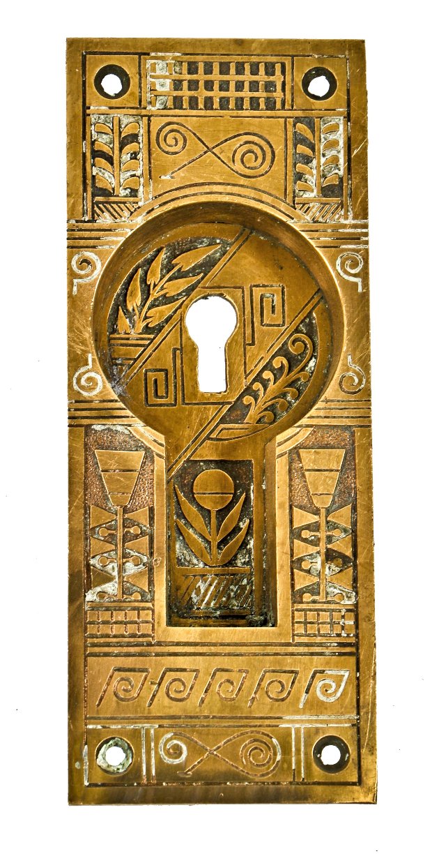 original late 19th century single antique american ornamental cast bronze eastlake style residential sliding or pocket door backplate with deeply recessed handle
