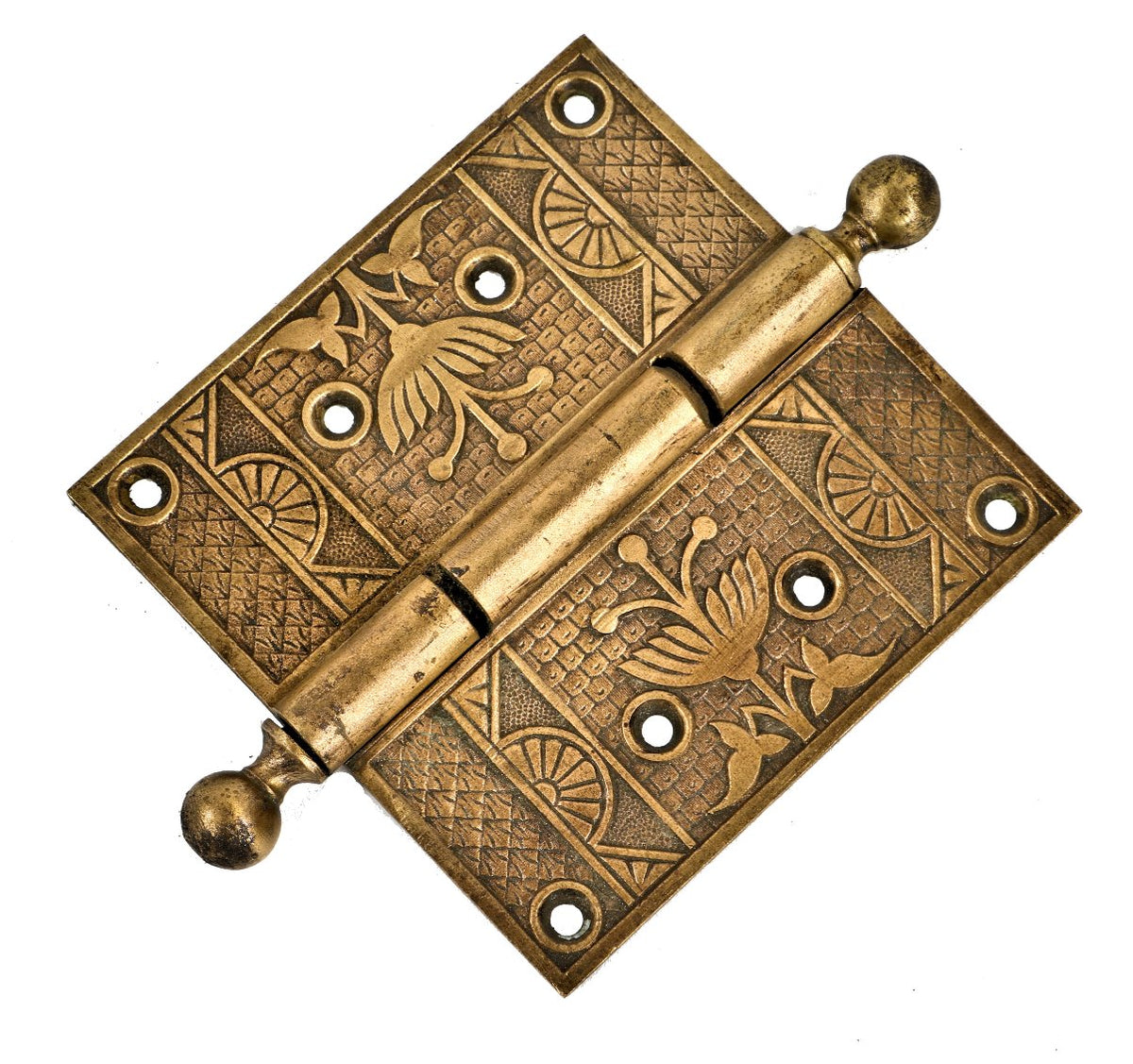 single all original ornamental cast brass eastlake style interior residential passage door hinge with floral motifs and fish scale field pattern on both hinge leaves