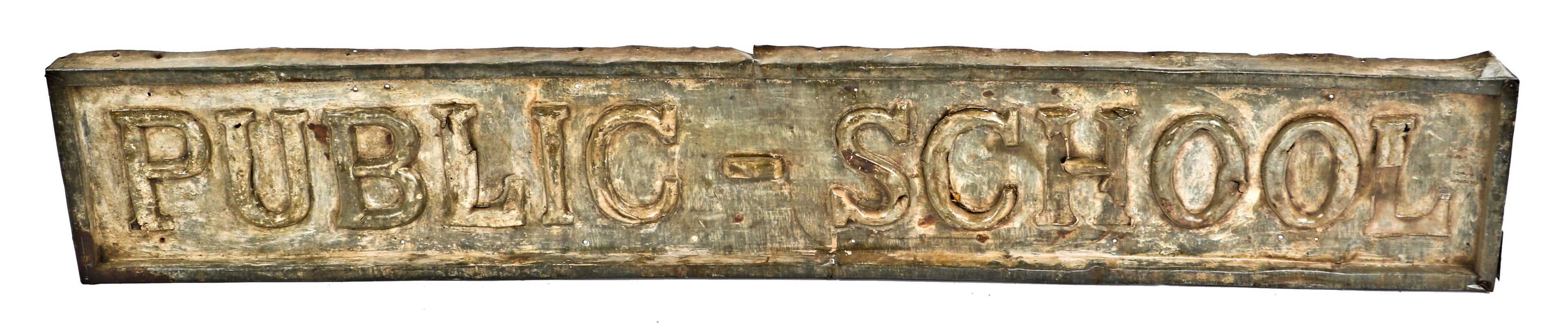 unusual oversized early 20th century american industrial original chicago public school exterior galvanized tin facade sign plaque with deeply embossed or raised lettering