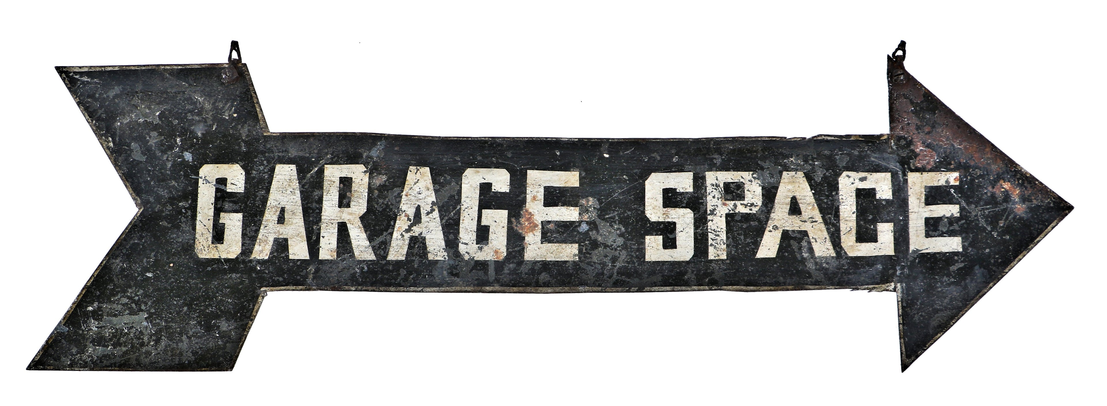 very unique depression era c. 1930's american folk art double-sided hand-painted "garage space" hanging directional arrow metal sign with age appropriate surface wear