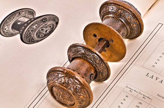 hard to find early 1870's antique american "lava line" ornamental gutta-percha passage door "gothic" pattern patented handles with matching rosettes