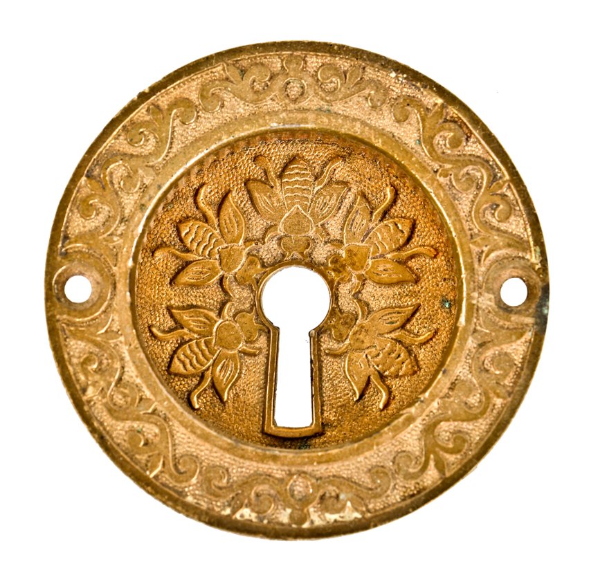 single all original c. 1880's antique american cast bronze circular-shaped interior residential pocket door escutcheon with "honey bee" pattern