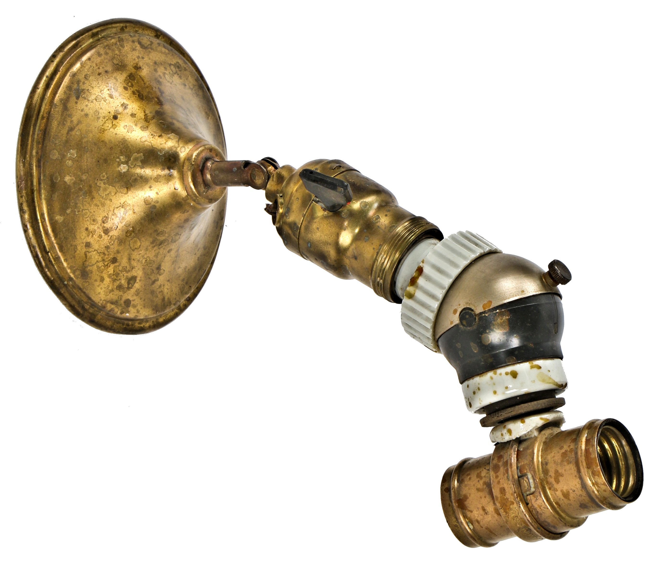 repurposed early 20th century antique american industrial yellow brass "wallace" portable lamp wall sconce with combination bryant tilting and double cluster socket extensions