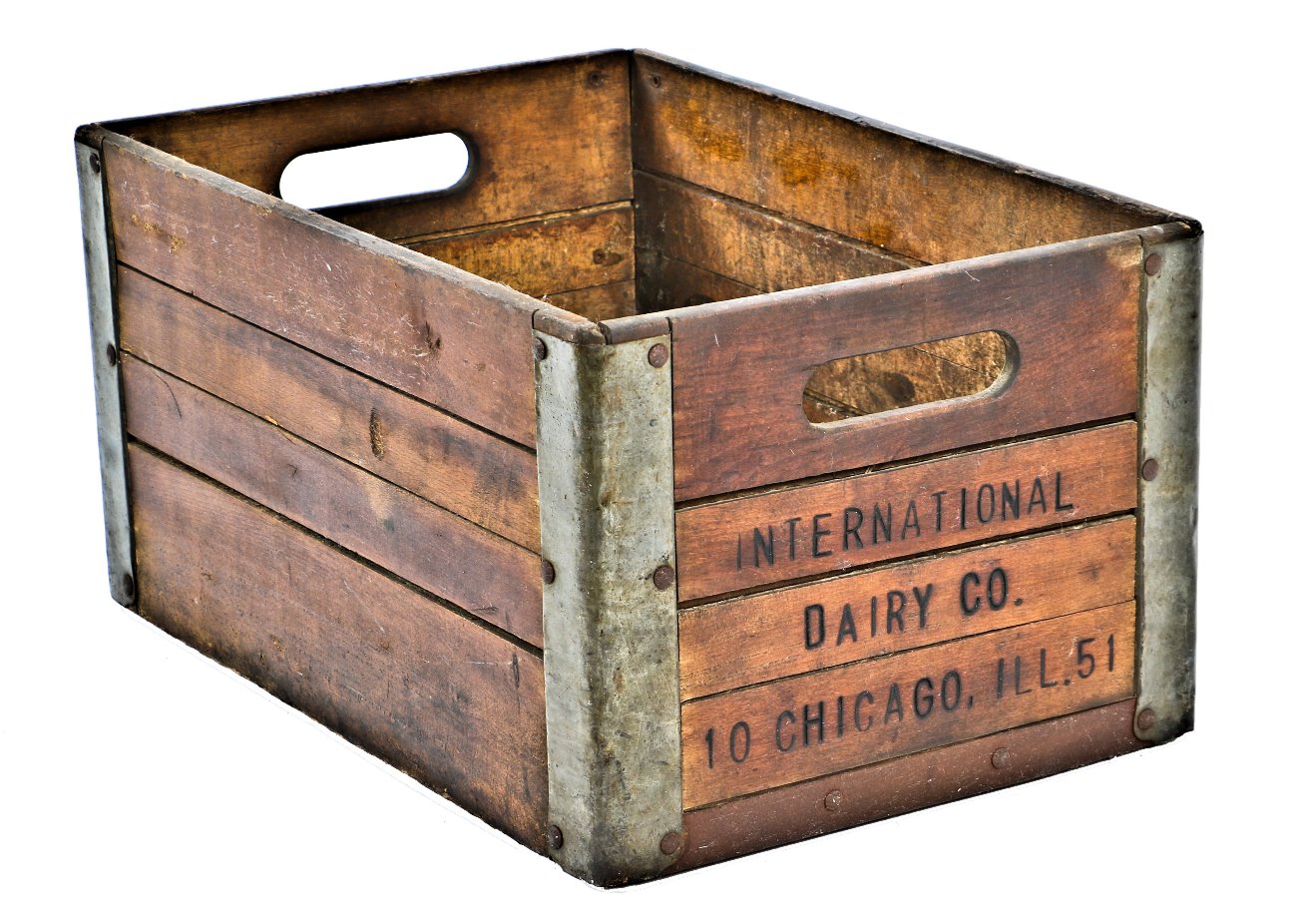 intact and all original vintage american industrial chicago-based international dairy company oak wood milk crate reinforced with galvanized steel corner brackets
