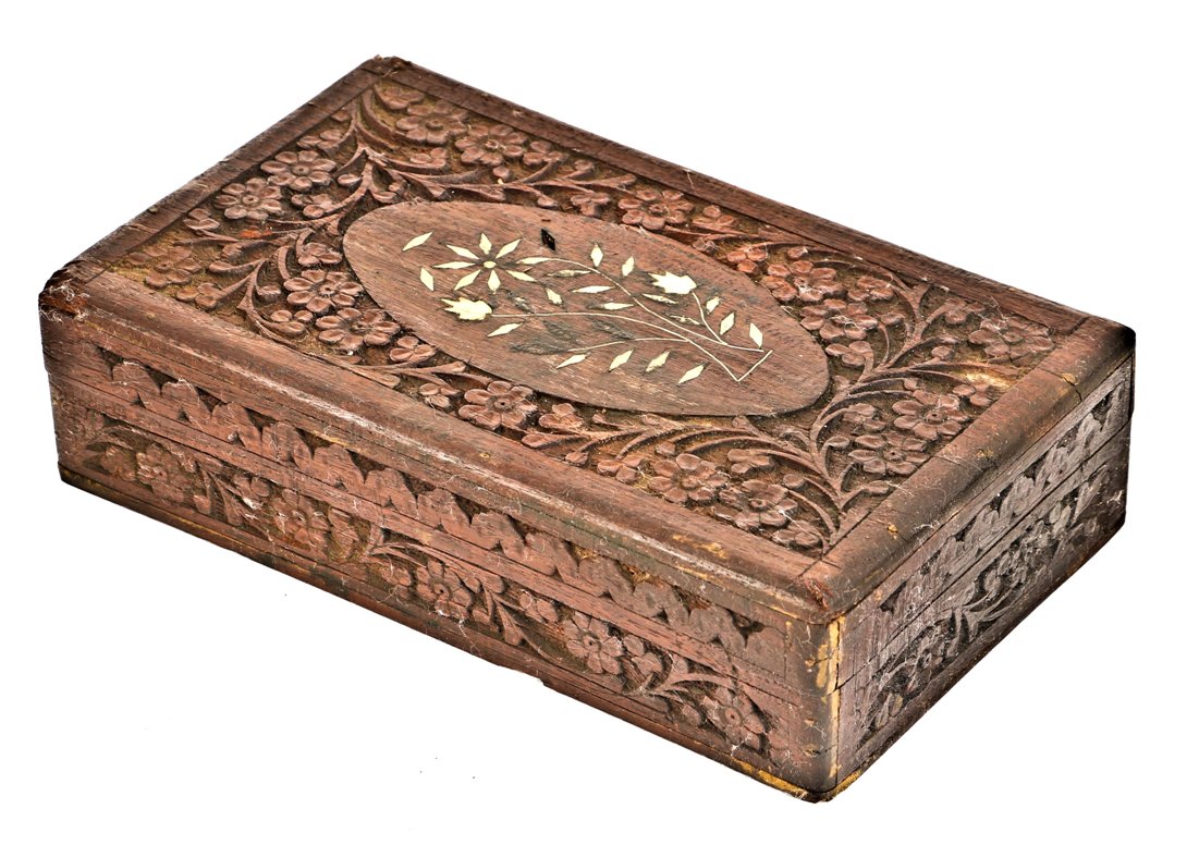 intricately carved american depression era c. 1930's folk or tramp art diminutive hinged top jewelry box comprised of walnut wood salvaged from old cigar boxes