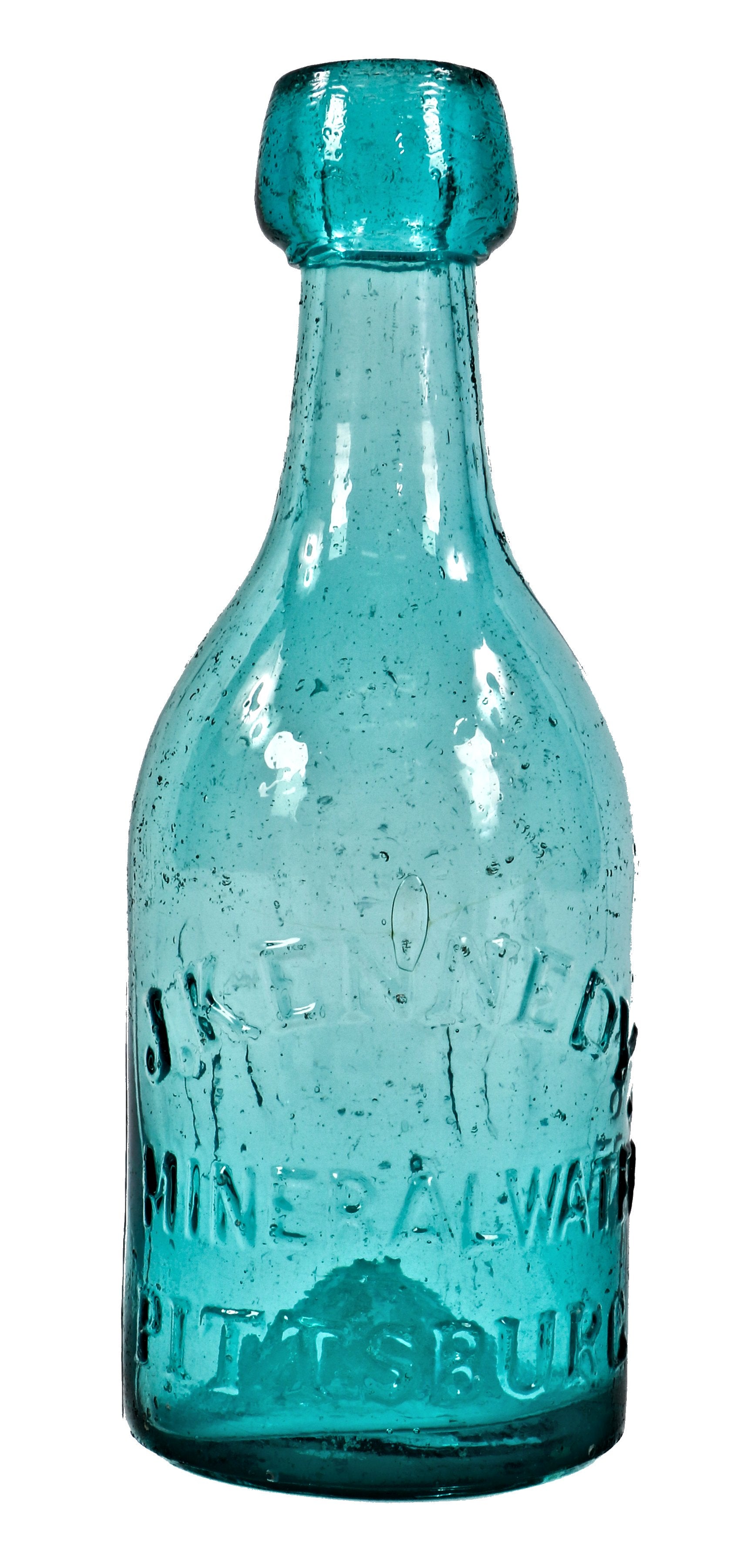 mid-nineteenth century privy dug original and intact pontiled teal porter style heavily seeded soda bottle manufactured for joseph kennedy of pittsburgh, pennsylvania.