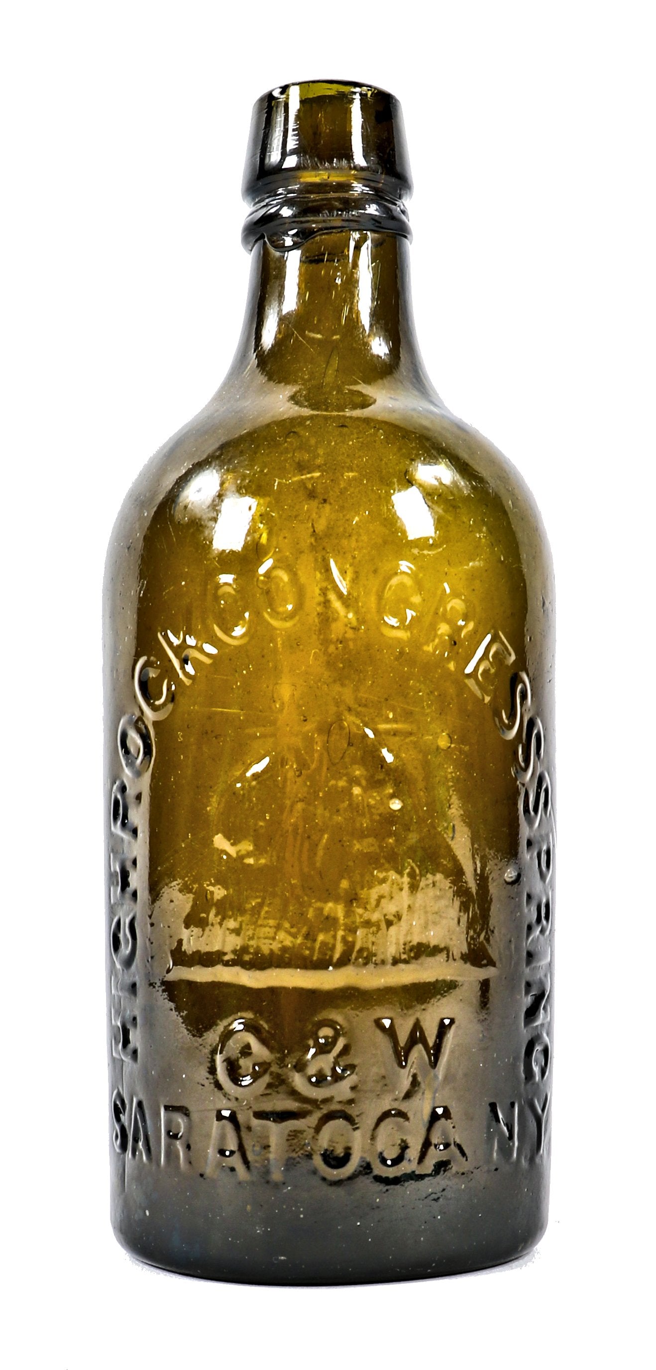 original c. 1850's-1860's intact richly colored antique american dark olive cylindrical pint bottle finished with an applied tapered collar and ring.