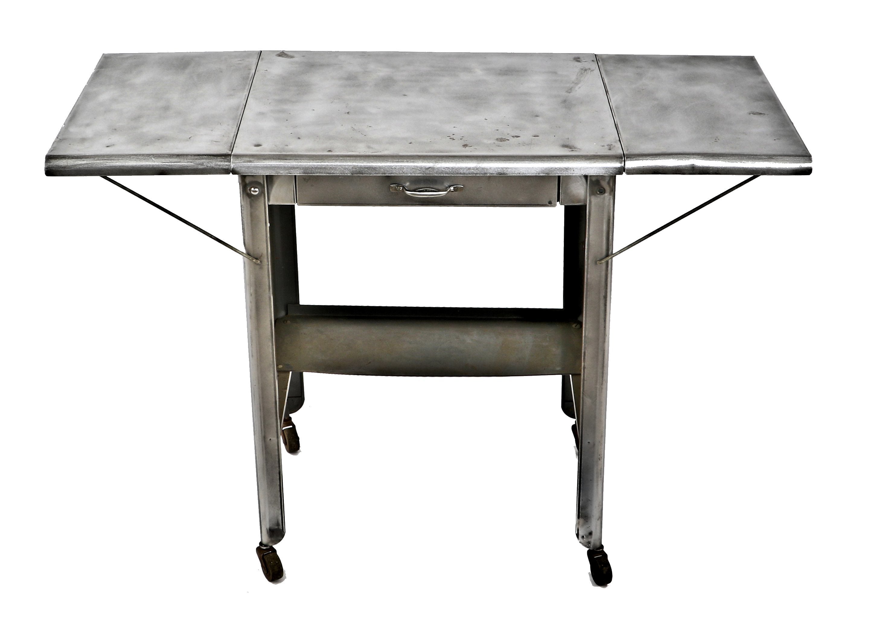 late 1940's or 1950's american industrial cold-rolled steel mobile factory office drop-leaf typewriter desk with single drawer and fully functional swivel casters