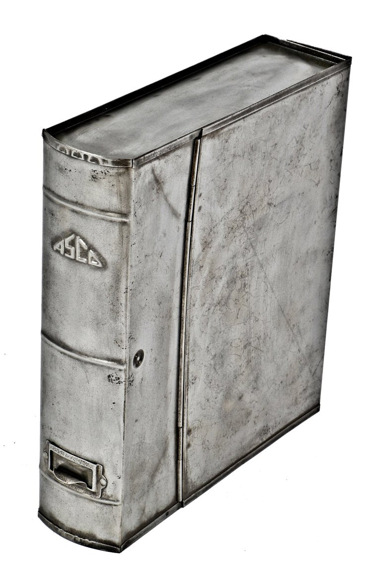 unique c. 1940's or 1950's american vintage industrial lightweight "asco" hinged document storage box or cabinet in the shape of a book with metal tab and placard holder