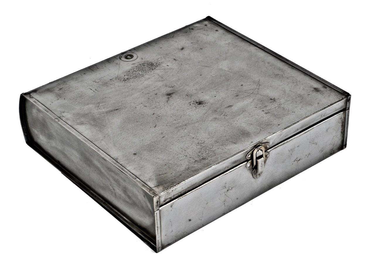 unique c. 1940's or 1950's american vintage industrial lightweight "asco" hinged document storage box or cabinet in the shape of a book with metal tab and placard holder