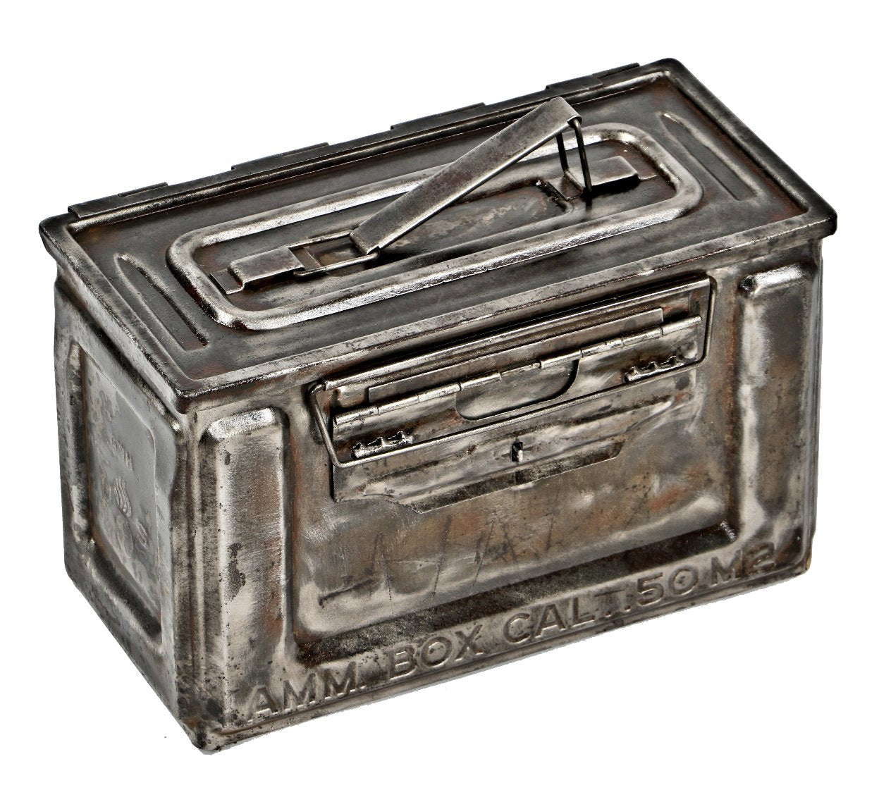 vintage american industrial portable heavy gauge steel military ammunition box with uniform brushed metal finish and debossed markings