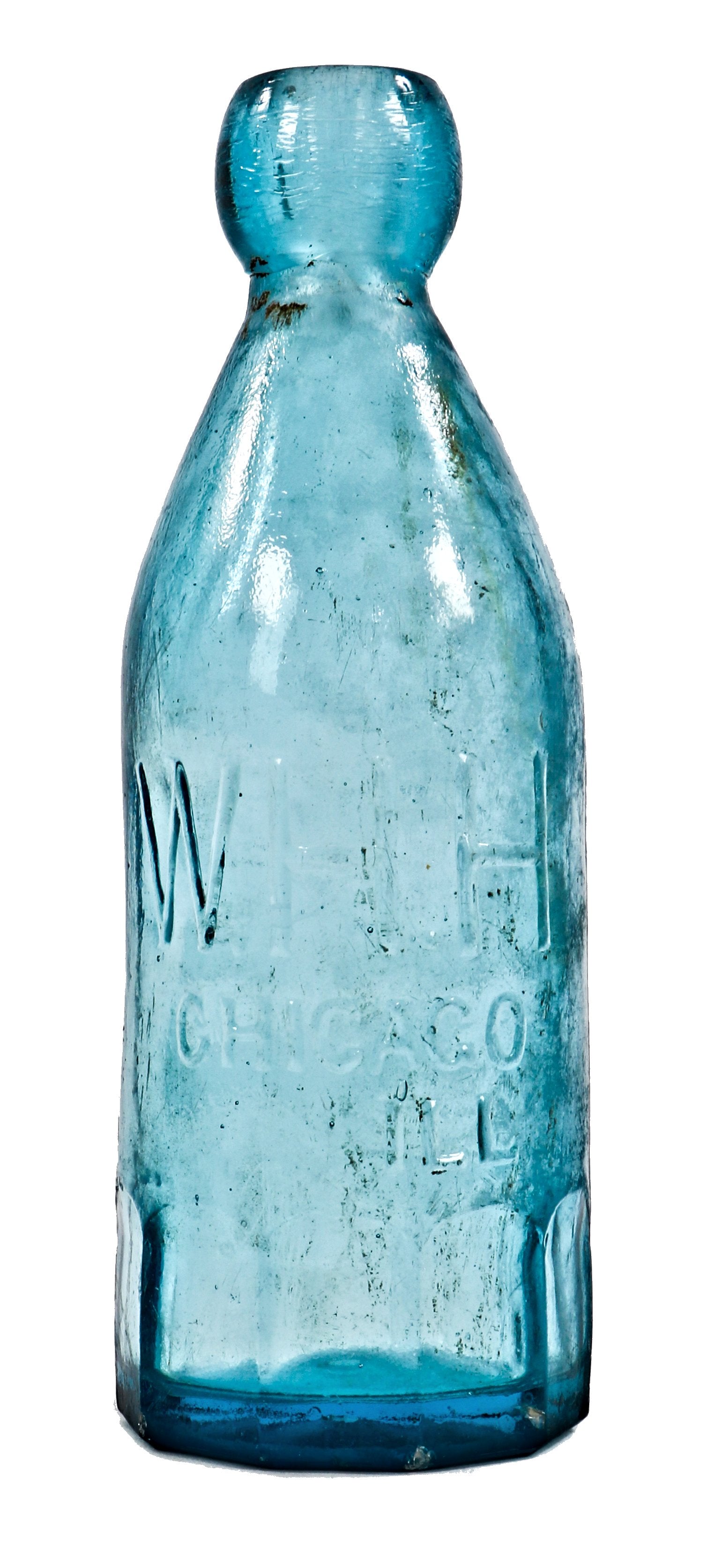 original and intact dug c.1870 richly colored light cobalt blue blobtop gravitating bottle with mug base fabricated for chicago bottling giant william henry hutchinson.