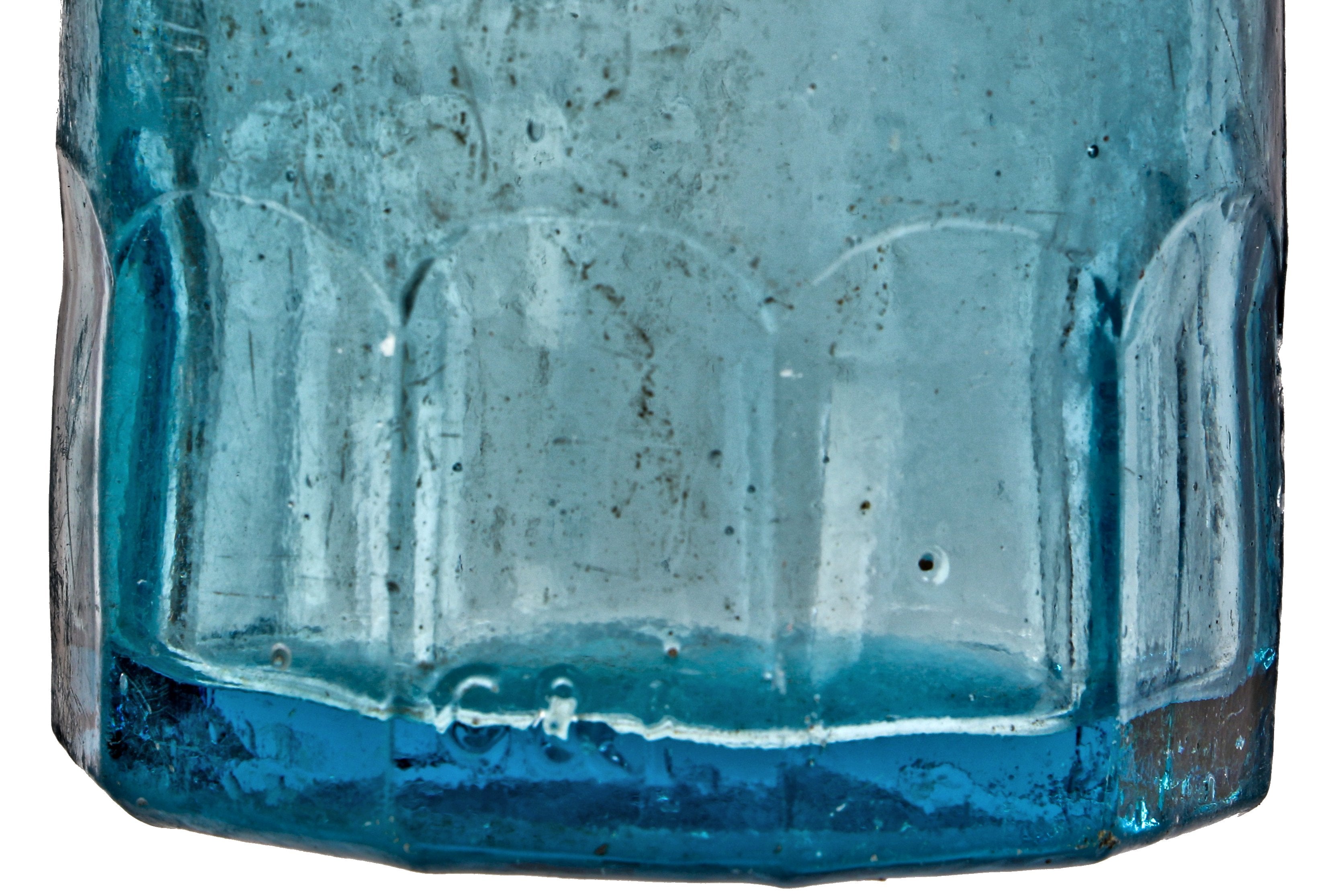original and intact dug c.1870 richly colored light cobalt blue blobtop gravitating bottle with mug base fabricated for chicago bottling giant william henry hutchinson.