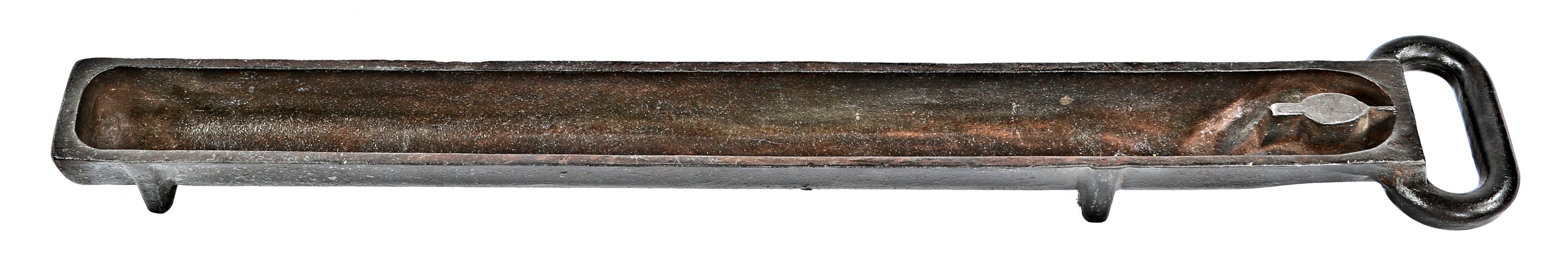 long and narrow refinished antique american industrial c. 1930's patented cast iron pig iron ingot molding tray with oversized handle