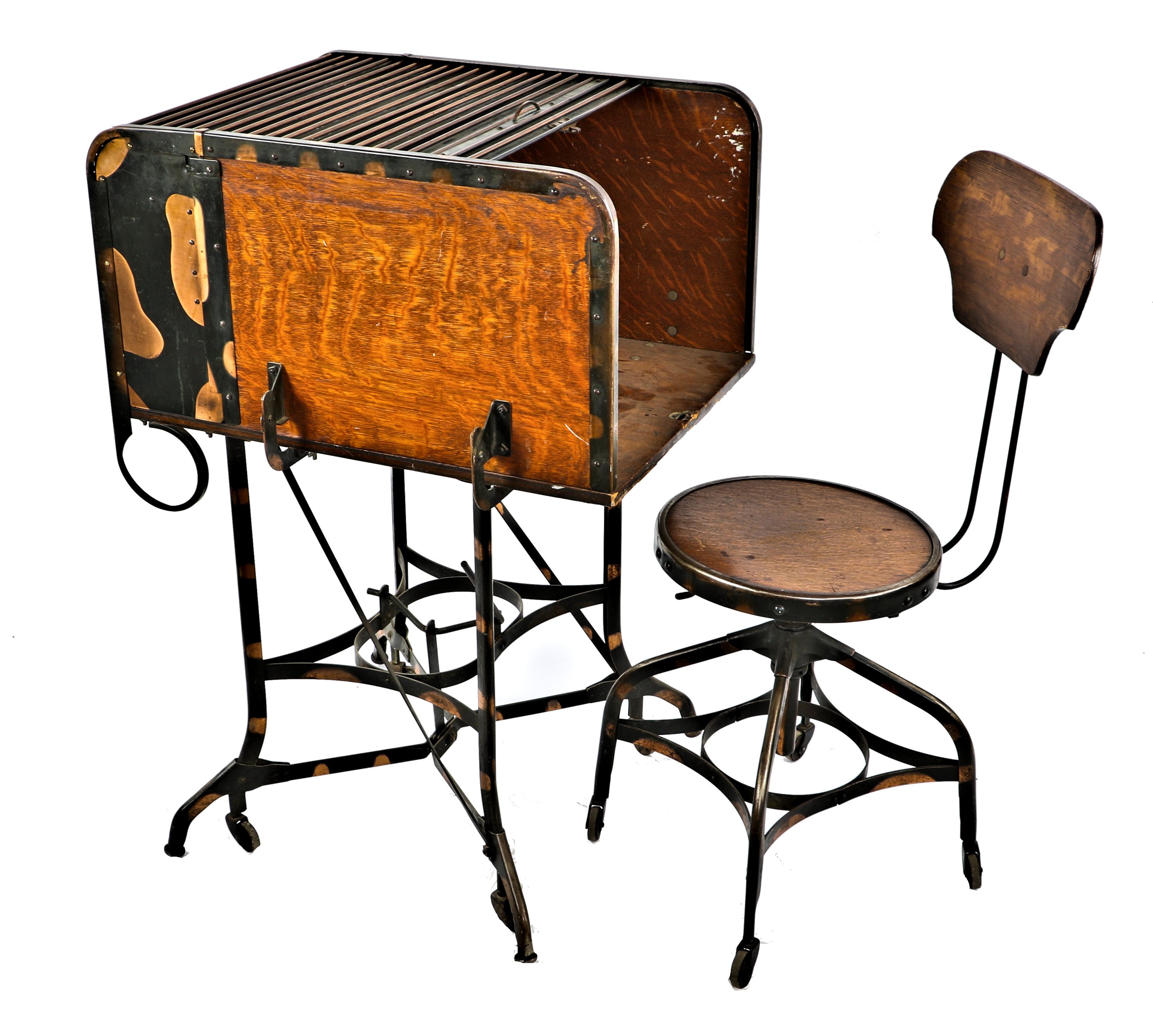 all original and completely intact hard to find american antique industrial "uhl art steel" cold-rolled steel roll top stenographer workstation with largely intact oxidized copper finish