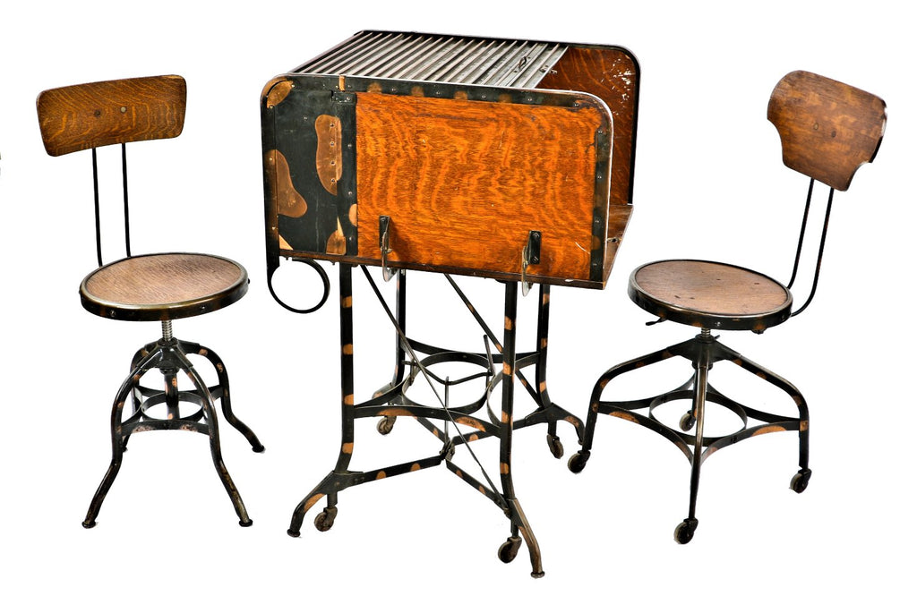 all original and completely intact hard to find american antique industrial "uhl art steel" cold-rolled steel roll top stenographer workstation with largely intact oxidized copper finish