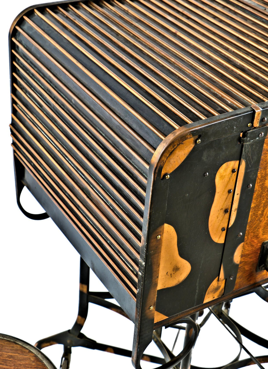 all original and completely intact hard to find american antique industrial "uhl art steel" cold-rolled steel roll top stenographer workstation with largely intact oxidized copper finish