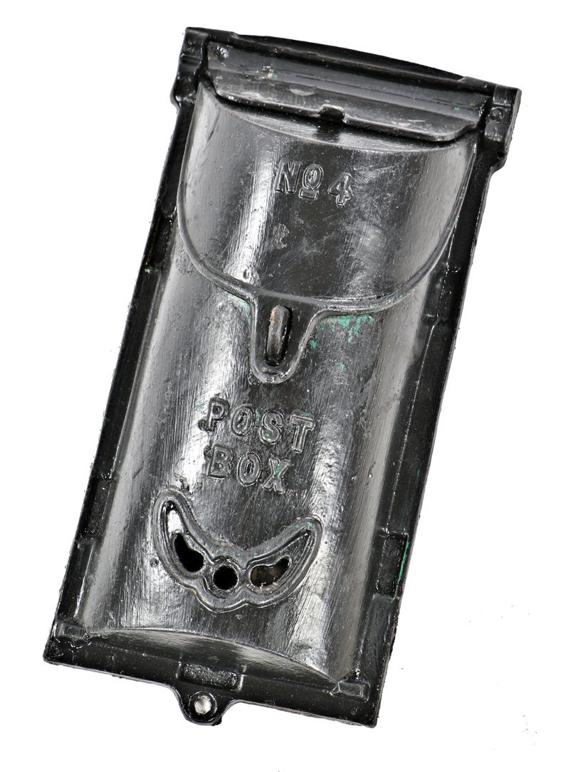 early 20th century antique american ornamental robust cast iron "no. 4" flush mount residential lockable mail box with a mostly uniform black paint finish