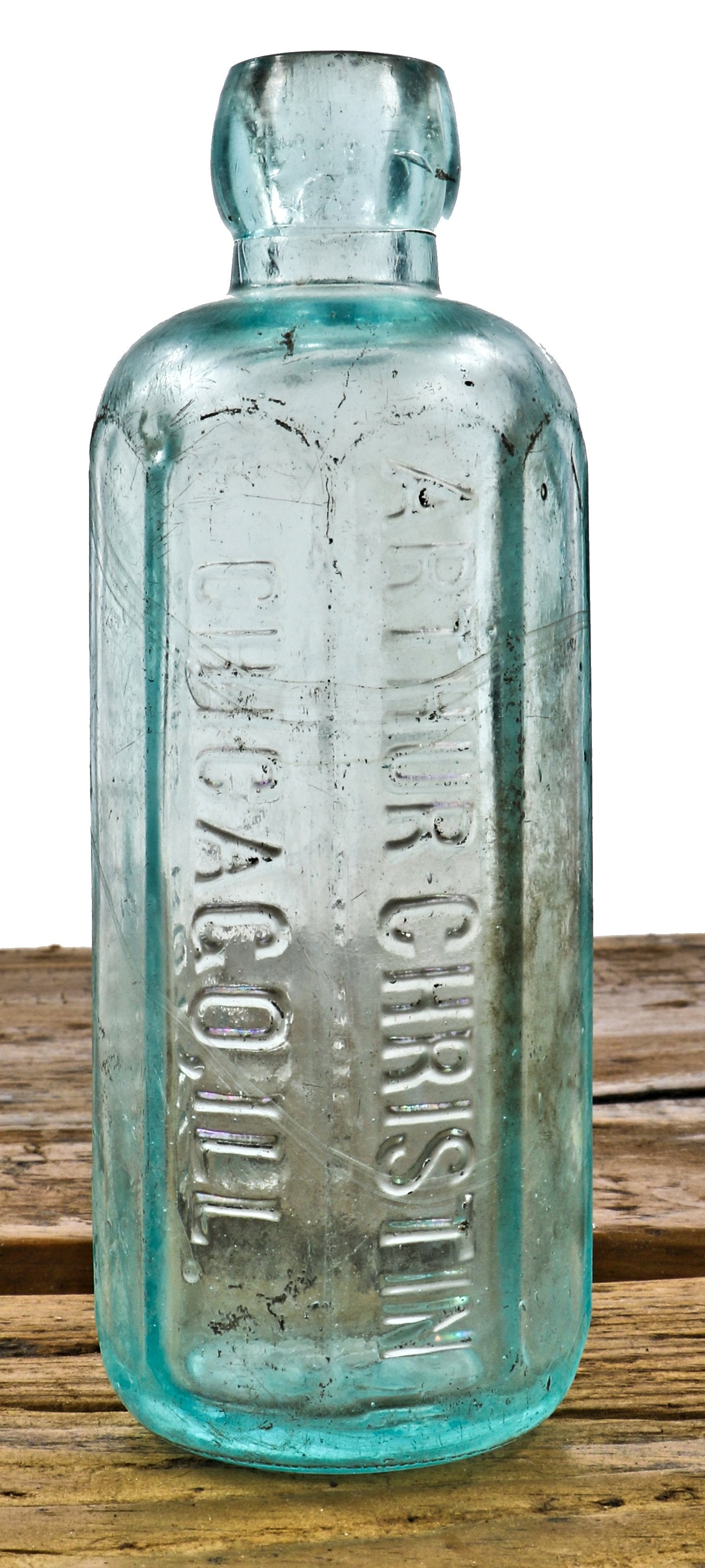 single antique privy dug late nineteenth century eight-sided hutchinson style blobtop blue aqua glass bottle fabricated for chicago bottler arthur christin.
