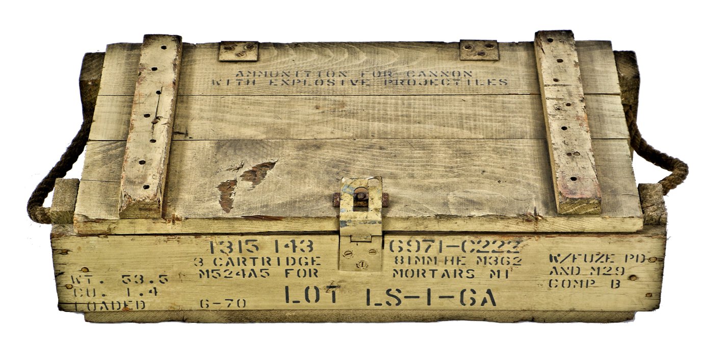 original vintage american industrial painted wood military "explosive projectile" artillery shell storage crate with black stenciled lettering and intact thick rope handles