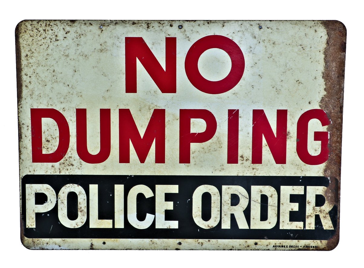 original c. 1960's or possibly 1970's american industrial single-sided stamped steel city of chicago "no dumping" oversized sign with bold red and black lettering