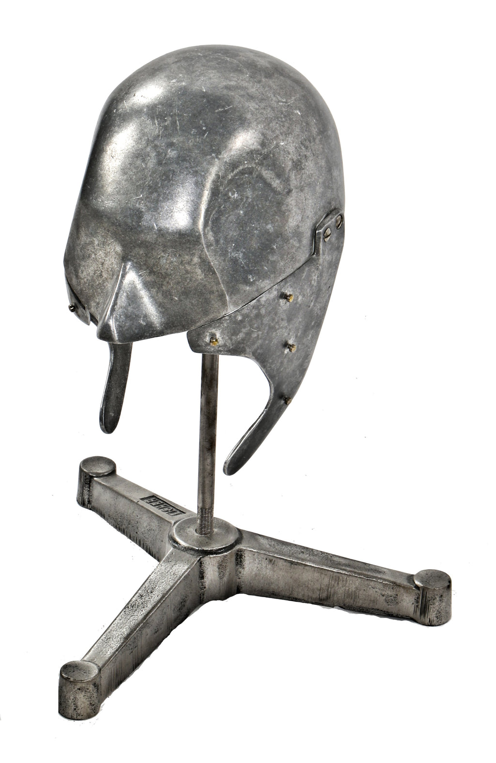 one of two matching all original american antique depression era medical pressed and formed reinforced aluminum dentistry school "phantom" head with retort stand