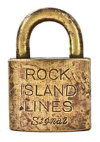single original antique c.1880's-1890's brass signal padlock manufactured for the rock island railroad system by corbin lock company.