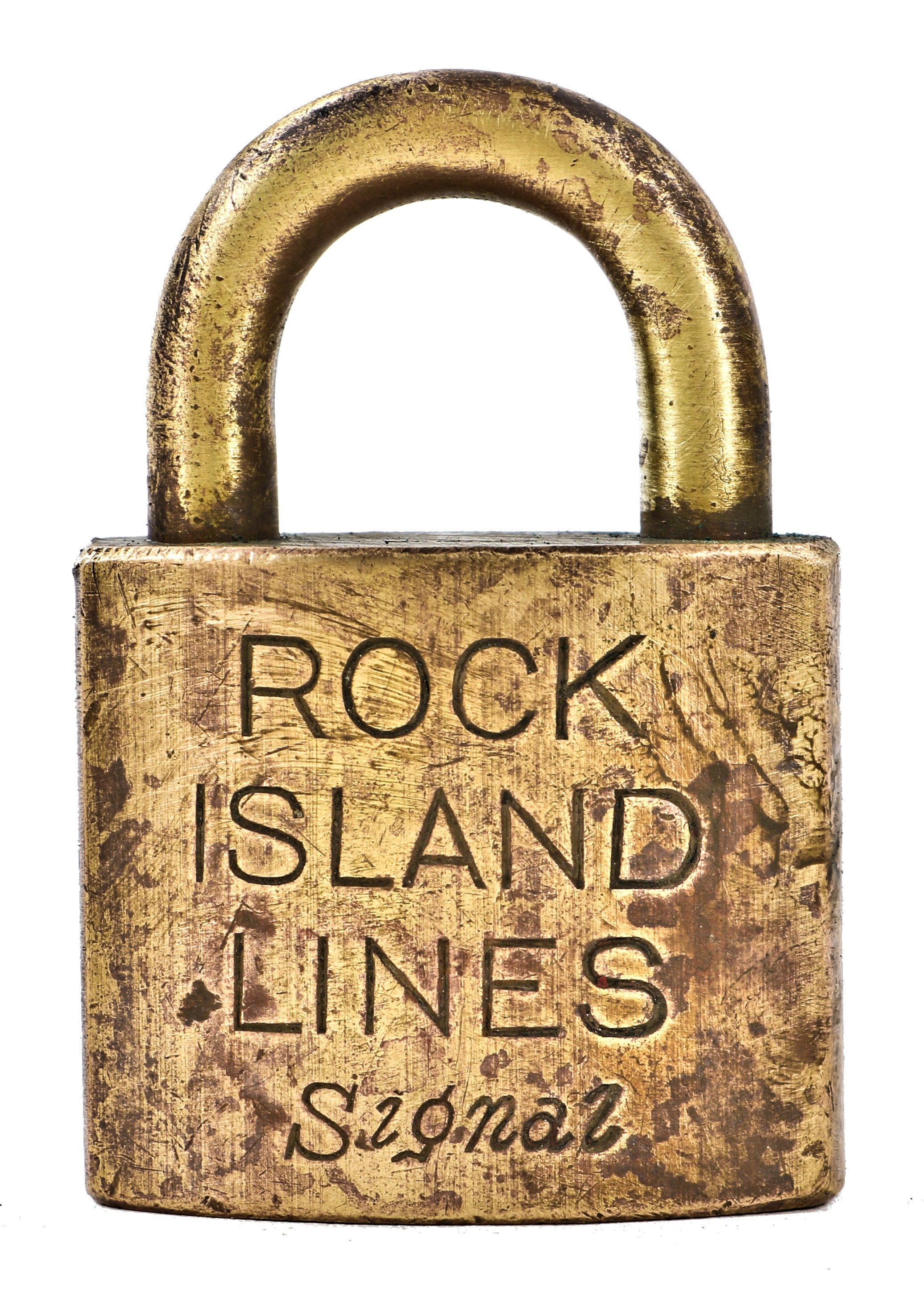 single original antique c.1880's-1890's brass signal padlock manufactured for the rock island railroad system by corbin lock company.
