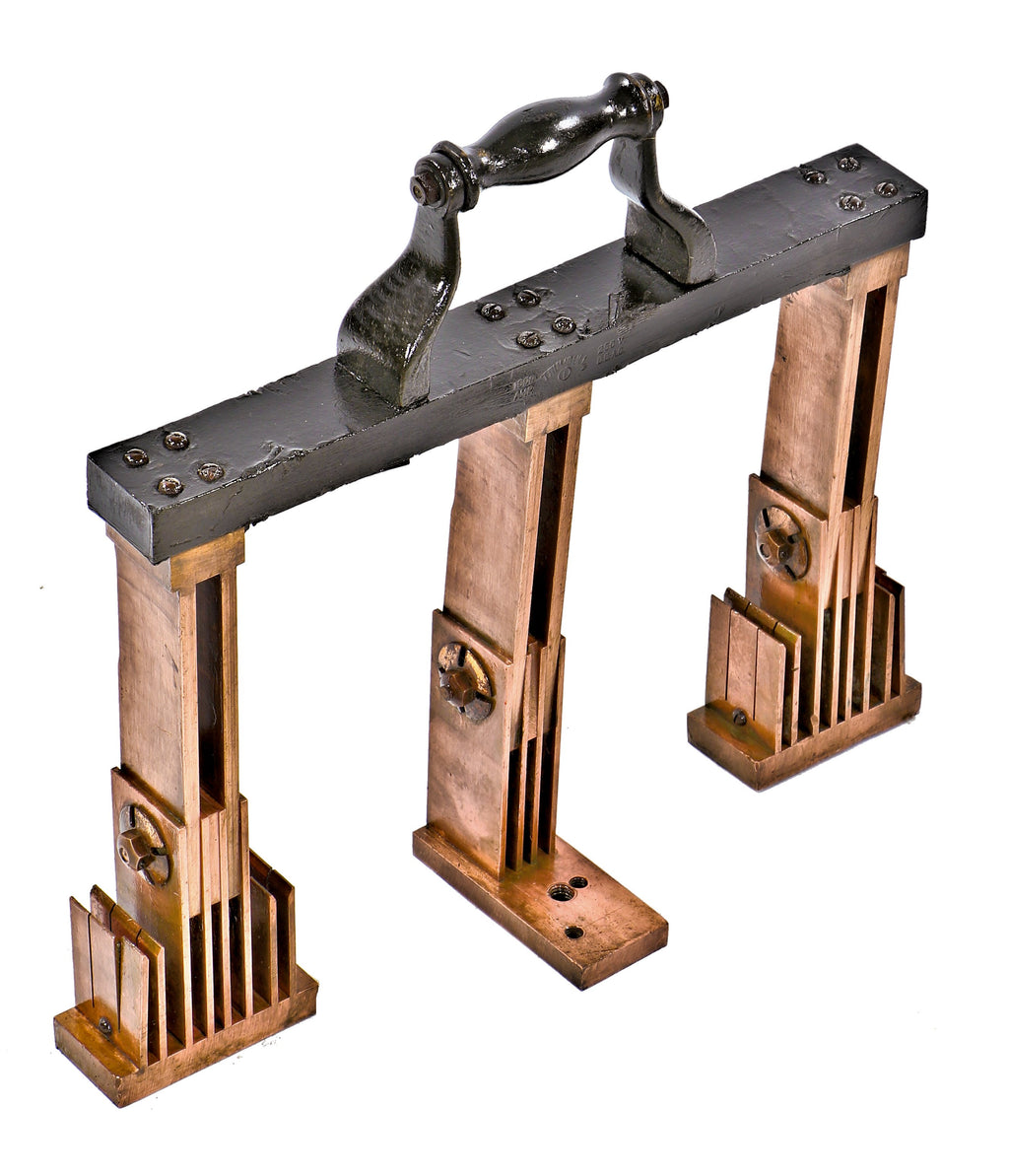 rare oversized antique american industrial early 20th century 1000 amp solid copper three-arm no fuse heavy duty switchboard panel knife switch