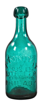 hard to find intact antique c. 1850's medium emerald green pontiled soda bottle manufactured for philadelphia bottler patrick conway.