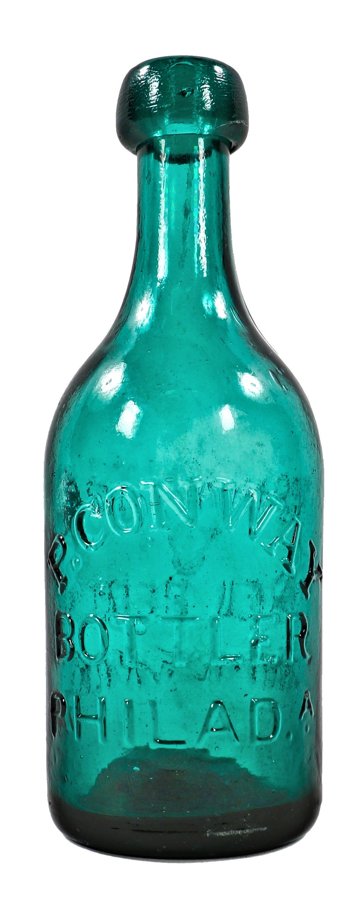 hard to find intact antique c. 1850's medium emerald green pontiled soda bottle manufactured for philadelphia bottler patrick conway.