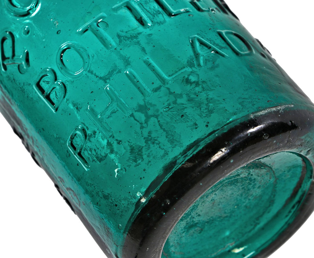 hard to find intact antique c. 1850's medium emerald green pontiled soda bottle manufactured for philadelphia bottler patrick conway.