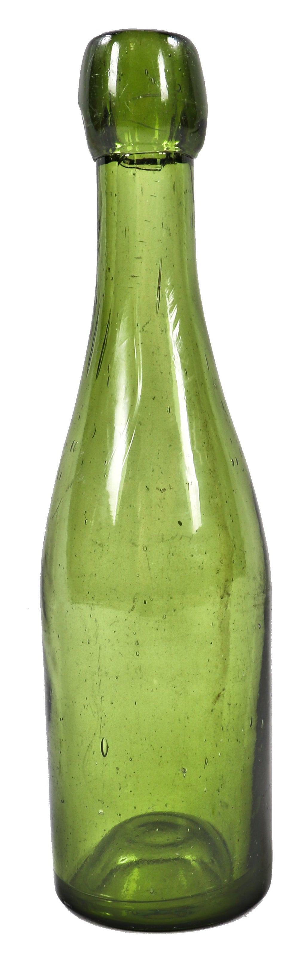 hard to find original and crude c.late 1880's vibrant forest green pontiled unembossed glass ale bottle fabricated for unknown company.