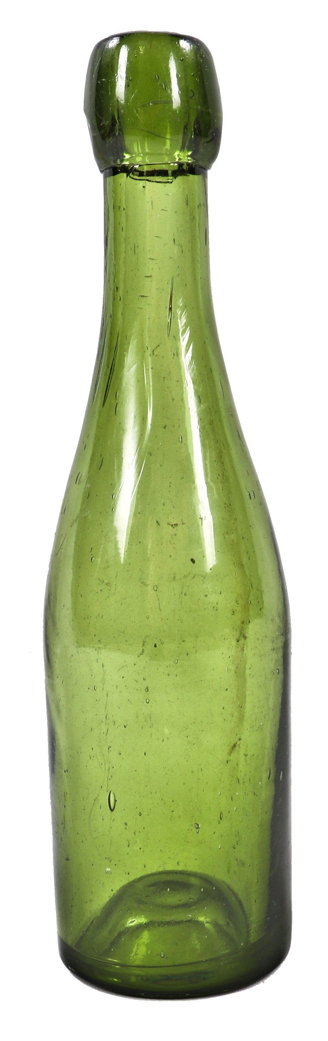 hard to find original and crude c.late 1880's vibrant forest green pontiled unembossed glass ale bottle fabricated for unknown company.