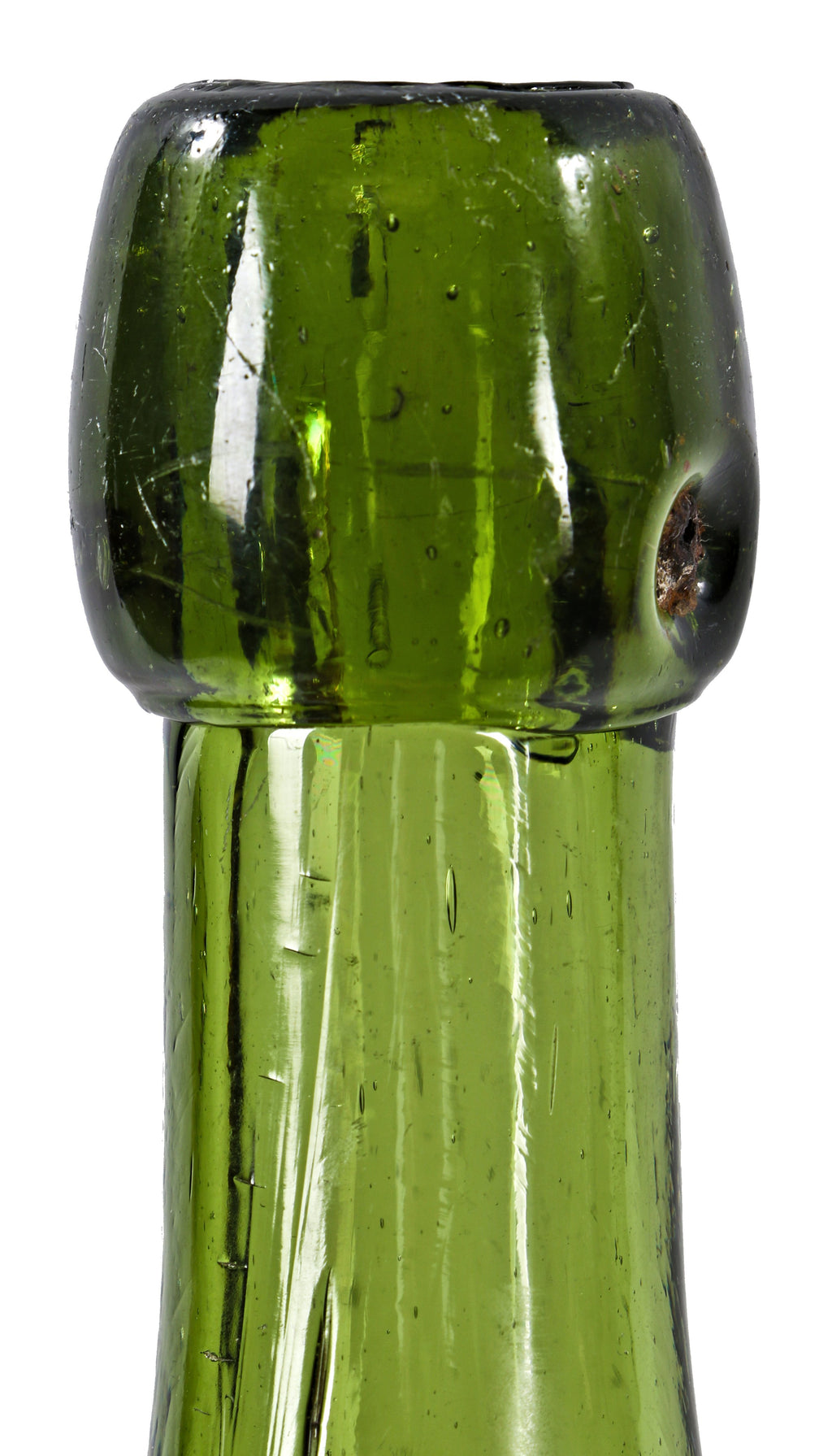 hard to find original and crude c.late 1880's vibrant forest green pontiled unembossed glass ale bottle fabricated for unknown company.