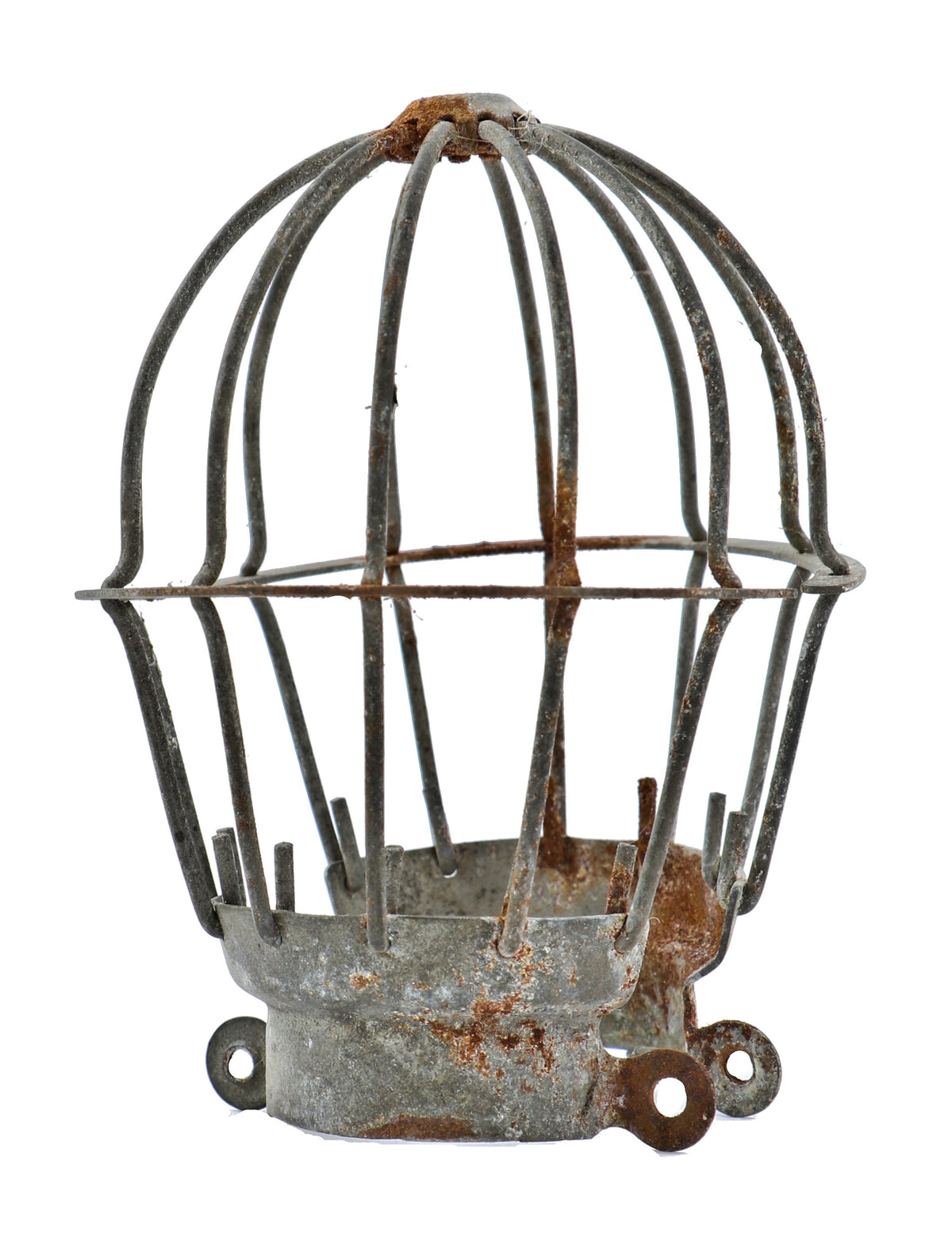 three original and weathered early 20th century antique american industrial "loxon" galvanized steel factory pendant light bulb guard or cage