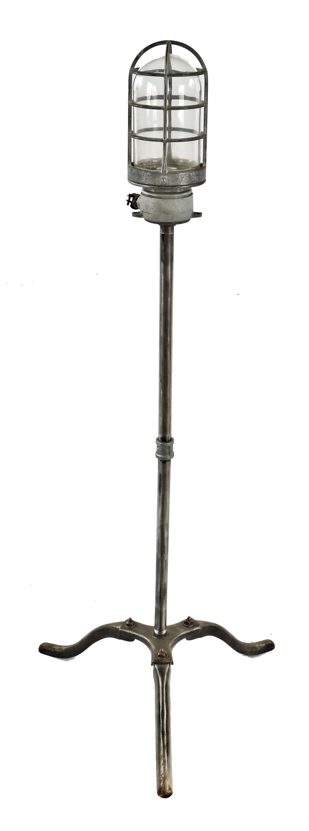 refinished vintage american industrial chicago theater three-legged stage "ghost light" with riveted joint wrought and cast iron stationary base brushed down to bare metal