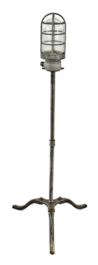 refinished vintage american industrial chicago theater three-legged stage "ghost light" with riveted joint wrought and cast iron stationary base brushed down to bare metal