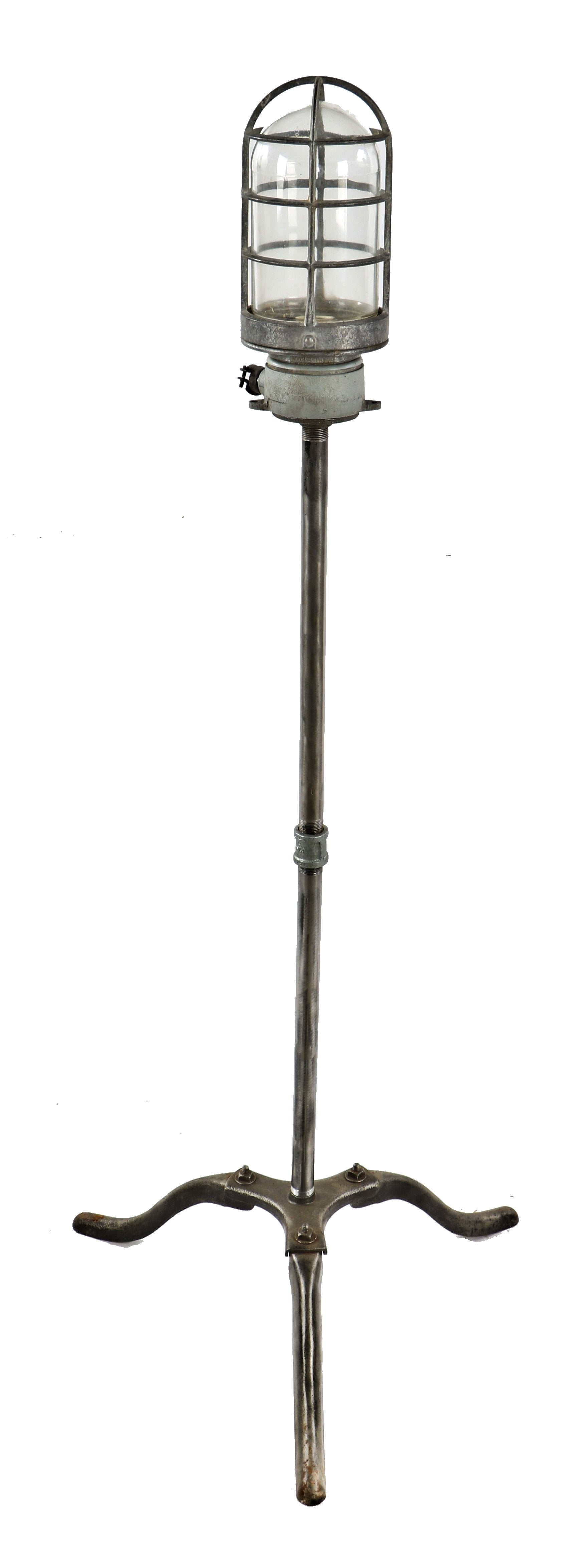 refinished vintage american industrial chicago theater three-legged stage "ghost light" with riveted joint wrought and cast iron stationary base brushed down to bare metal