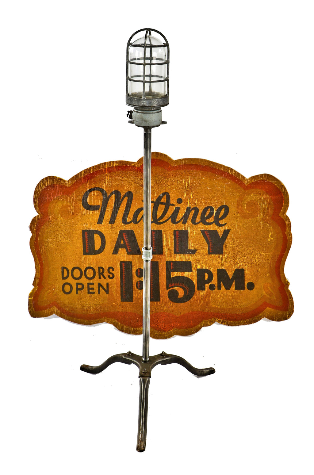 refinished vintage american industrial chicago theater three-legged stage "ghost light" with riveted joint wrought and cast iron stationary base brushed down to bare metal