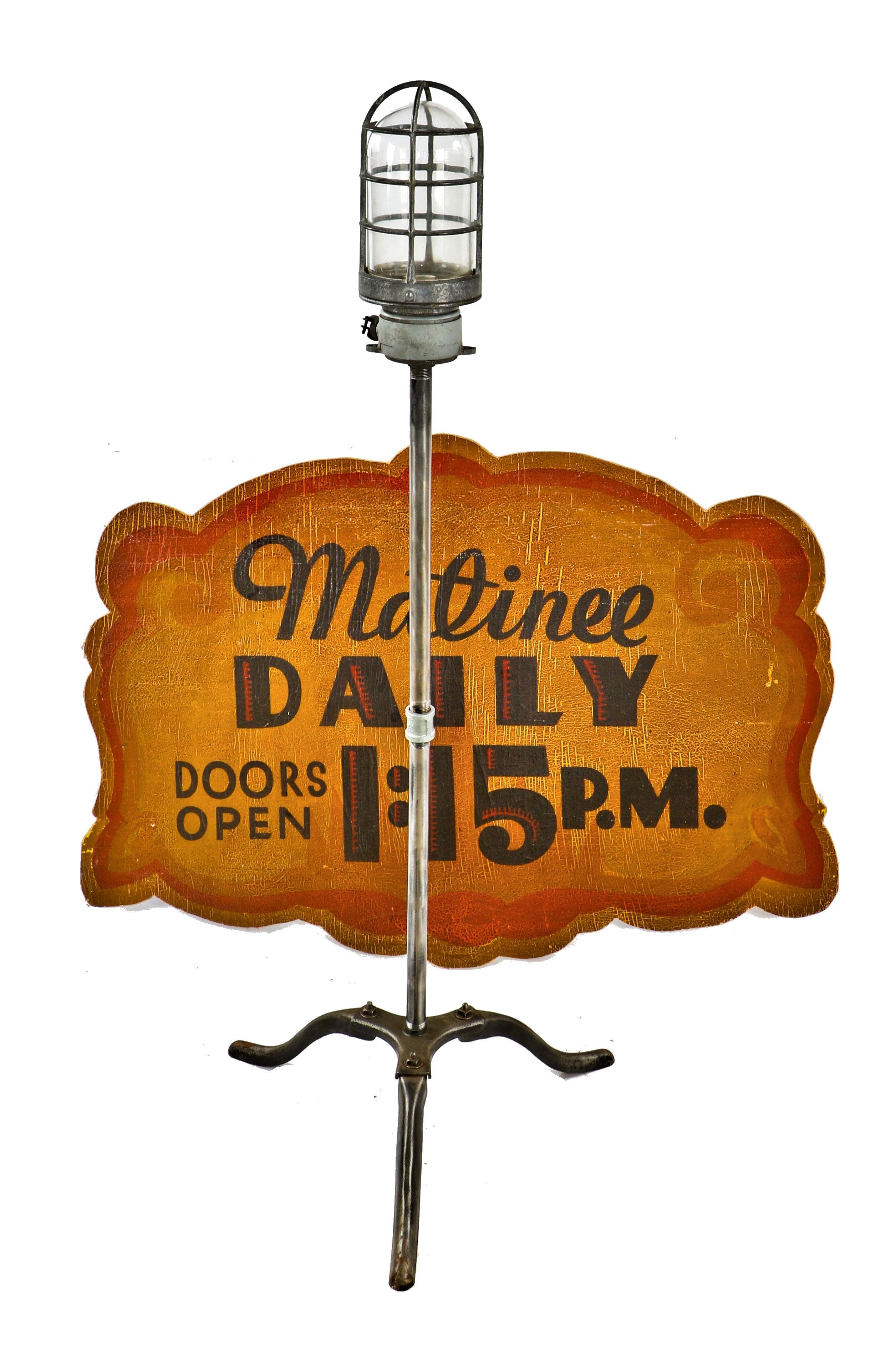 refinished vintage american industrial chicago theater three-legged stage "ghost light" with riveted joint wrought and cast iron stationary base brushed down to bare metal