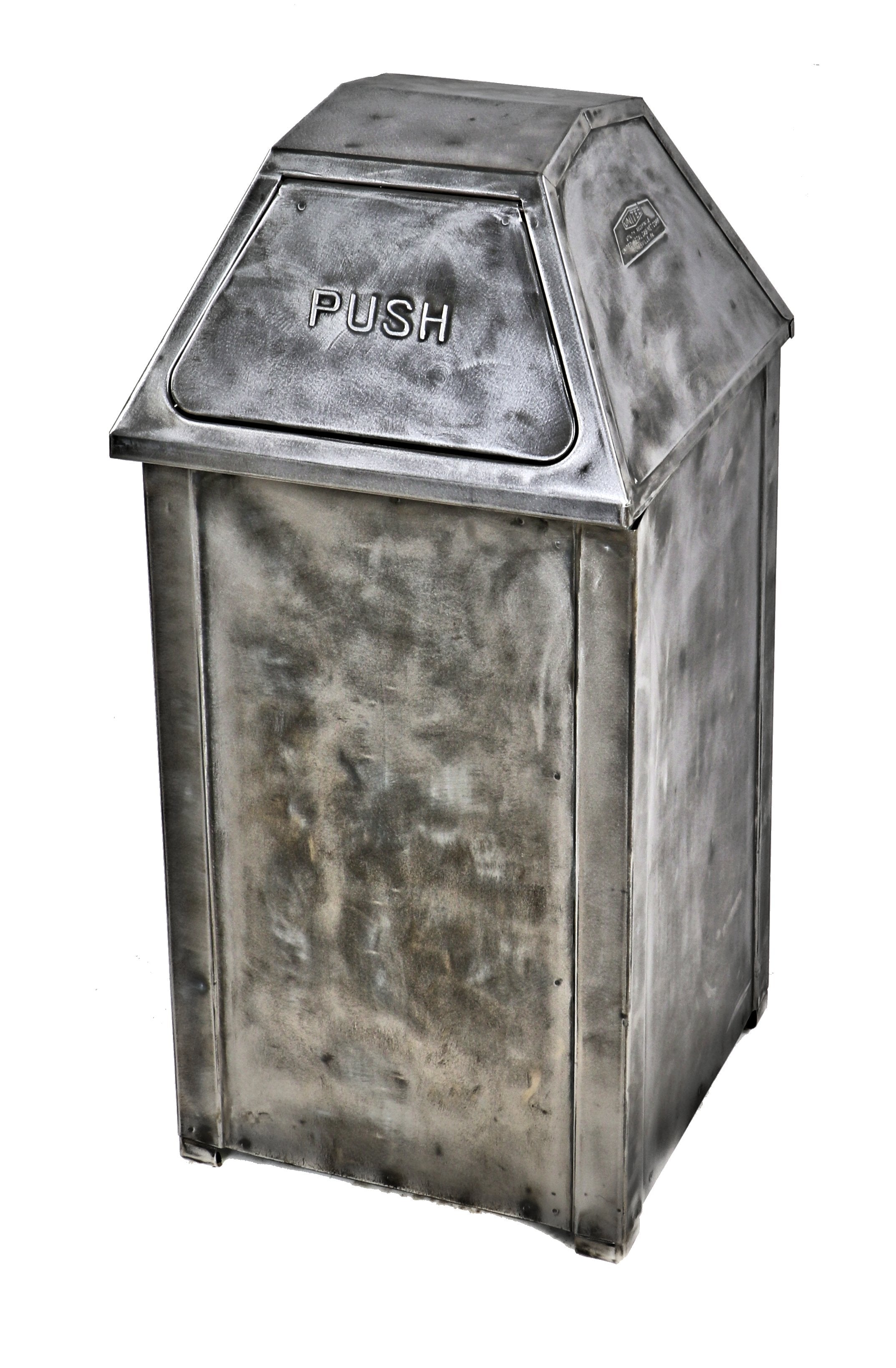 completely refinished oversized original and fully functional brushed and sanded bare metal hinged top solar brand cold-rolled steel self-closing trash can
