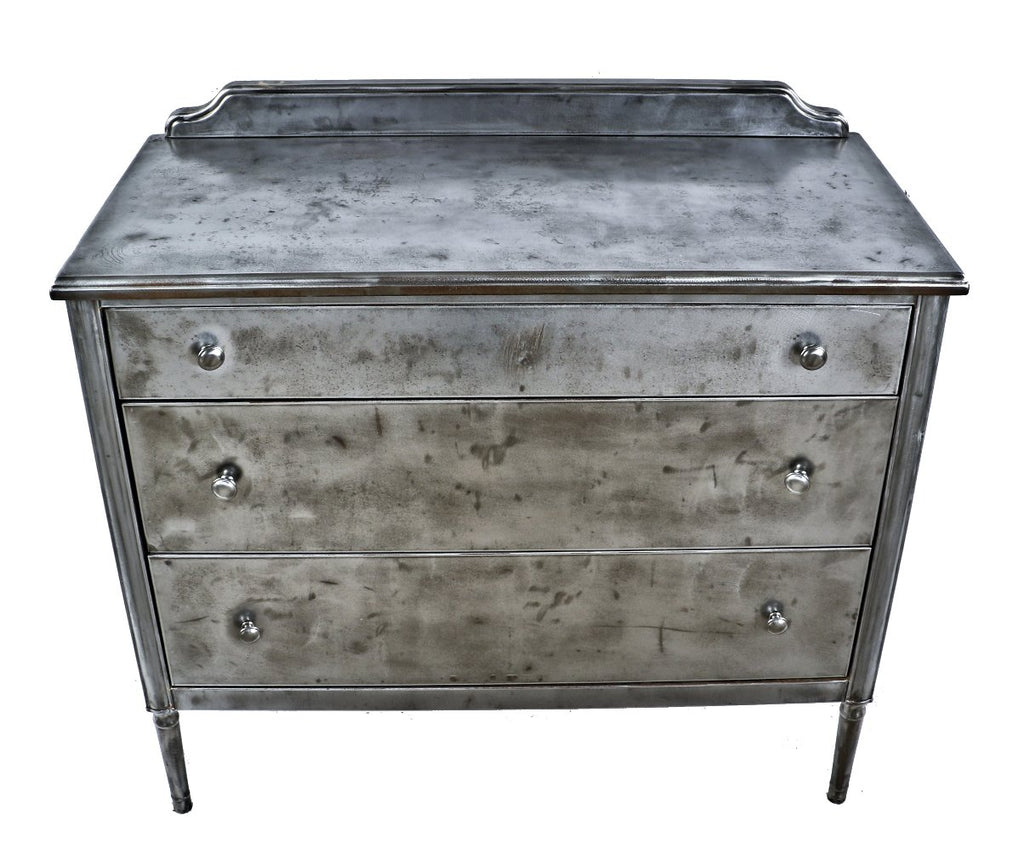 highly desirable original c. 1930's american antique depression era refinished cold-rolled steel simmons lowboy cabinet with a brushed and sanded metal finish sealed with a clear coat lacquer