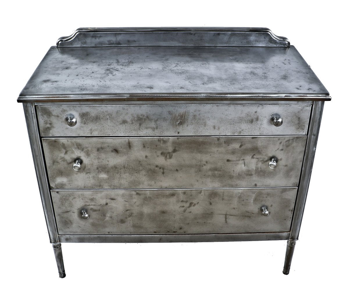 highly desirable original c. 1930's american antique depression era refinished cold-rolled steel simmons lowboy cabinet with a brushed and sanded metal finish sealed with a clear coat lacquer