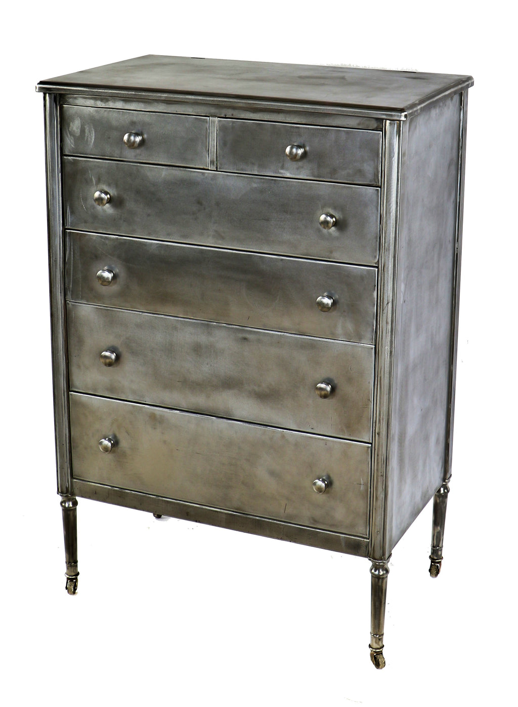 one of a few matching refinished antique american industrial simmons pressed and folded steel multi-drawer patented mobile highboy cabinet original metal knob pulls