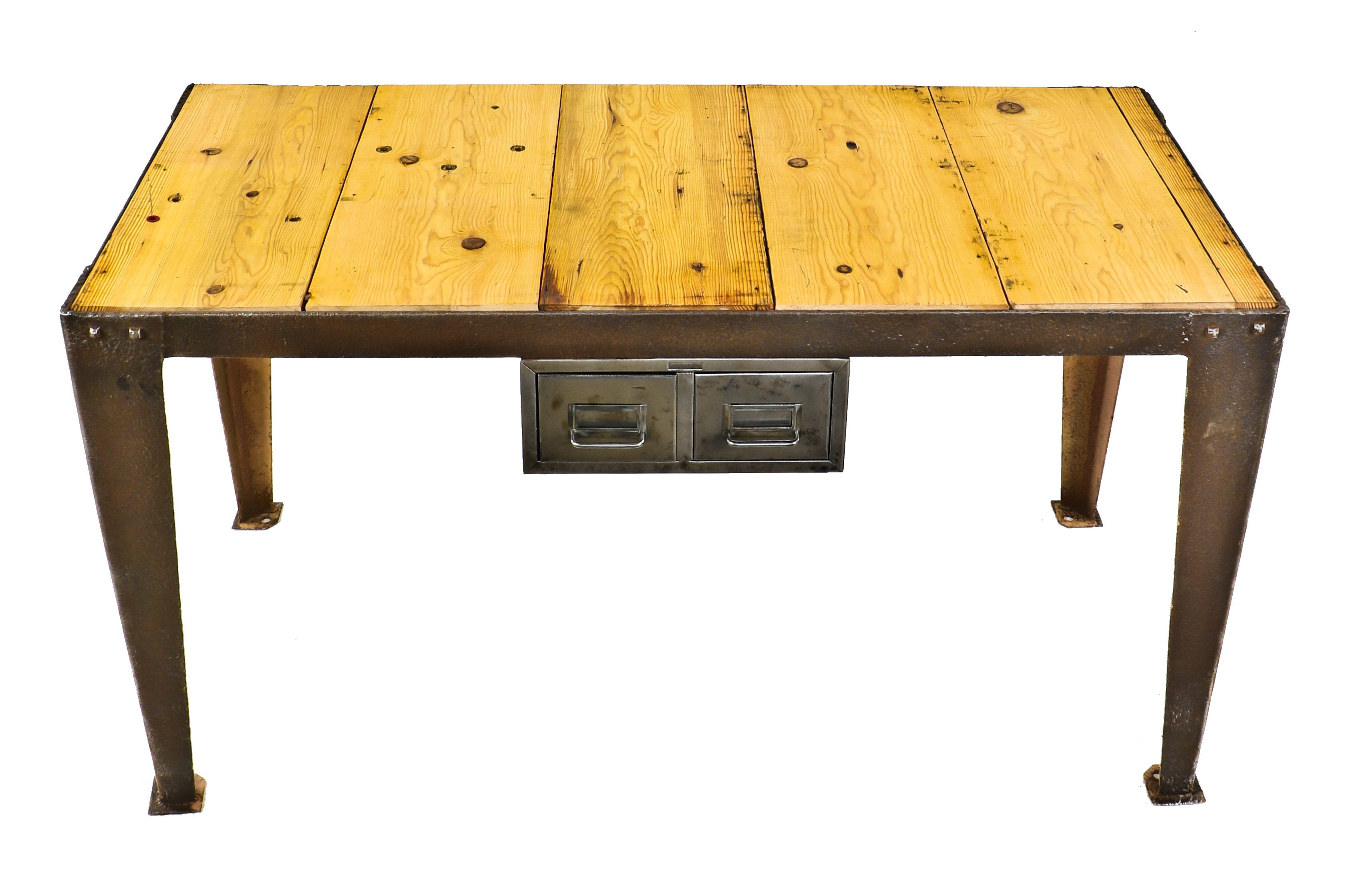 repurposed c. 1920's antique american industrial low-lying side table or console with removable two-drawer cabinet comprised of brushed steel with a old growth pine wood tabletop