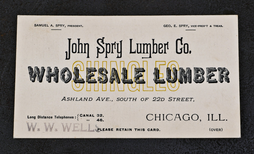 hard to find original and in good condition late nineteenth or early twentieth century business card and product sheet made for the john spry lumber company in chicago, il.
