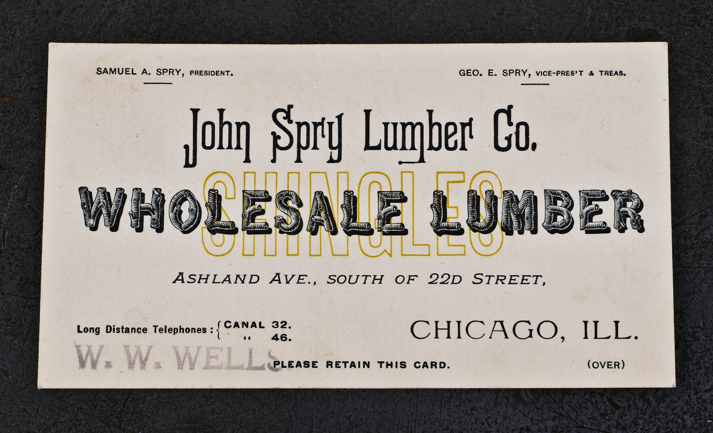 hard to find original and in good condition late nineteenth or early twentieth century business card and product sheet made for the john spry lumber company in chicago, il.