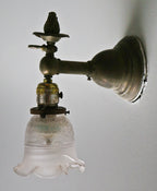 original c. 1909 interior residential antique american wrought and cast brass combination electric and gas wall sconce with mica shell socket and ornamental frame finial gasolier