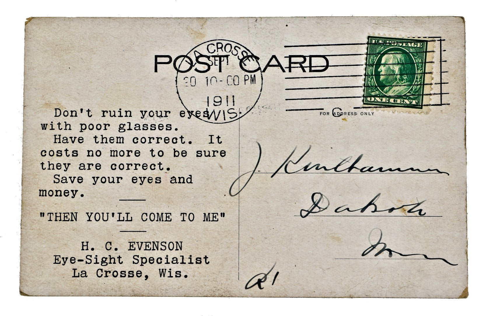 original and intact early twentieth century advertising postcard promoting h.c. evenson's optometry practice and storefront in la crosse, wisconsin